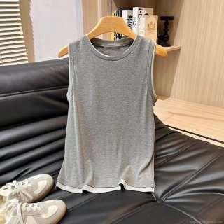 Women's Casual Sleeveless Tank Top Cotton Blend Round Neck Layered Double Hem Slim Fit Minimalist Vest Top For Daily Wear Soft Breathable Basic Contrast Edge Top
