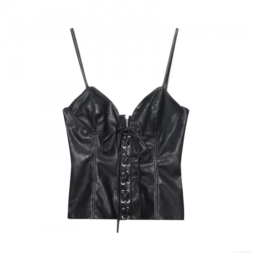 Women Sexy PU Faux Leather Corset Top Criss Cross Lace Up Camisole With Back Zipper Gothic Punk Slim Fit Sleeveless Crop Tank Top For Party Clubwear