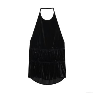 Sexy Women Black Velvet Halter Neck Backless Top Ruffle Hem Sleeveless Velveteen Cami Tank Top For Party Club Evening Fashion Slim Fit Top