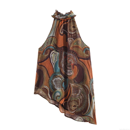 Women Sexy Halter Top Paisley Bohemian Print Polyester Spandex With Metallic Thread Asymmetric Hem Sleeveless Shirt For Summer Resort Party Ladies Blouse