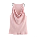 Women's Pink Satin Camisole Top With Beaded Chain Straps And Cowl Neck Elegant Sexy Slim Fit Sleeveless Party Tank Top