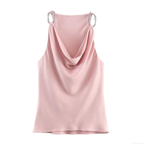 Women's Pink Satin Camisole Top With Beaded Chain Straps And Cowl Neck Elegant Sexy Slim Fit Sleeveless Party Tank Top