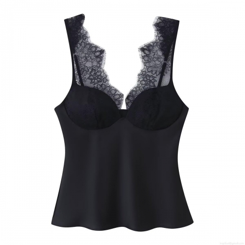 Women's Sexy Lace Patchwork Satin Camisole V-Neck Slim Fit Sleeveless Tank Top For Party Dating Elegant Solid Color Silk-Like Backless Blouse