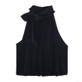 Elegant Women's Black Velvet Halter Neck Top With Bow Detail Sleeveless Off-Shoulder Backless Cami Top For Party Clubwear Evening