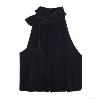 Elegant Women's Black Velvet Halter Neck Top With Bow Detail Sleeveless Off-Shoulder Backless Cami Top For Party Clubwear Evening
