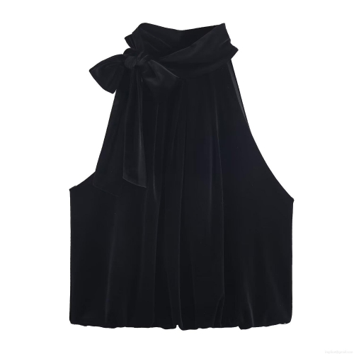 Elegant Women's Black Velvet Halter Neck Top With Bow Detail Sleeveless Off-Shoulder Backless Cami Top For Party Clubwear Evening