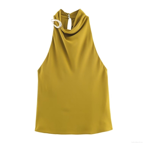 Women Fashion Halter Neck Satin Tank Top With Metal Buckle Casual Loose Sleeveless Summer Blouse For Party Vacation Lady