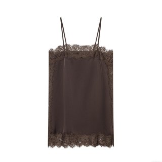 Women Sexy Satin Lace Cami Top Silk Texture Spaghetti Strap Slim Fit V Neck Patchwork Tank Top For Summer Streetwear Party Clubwear Ladies Brown