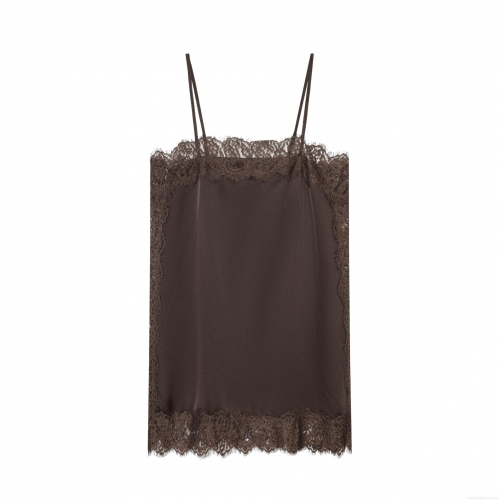 Women Sexy Satin Lace Cami Top Silk Texture Spaghetti Strap Slim Fit V Neck Patchwork Tank Top For Summer Streetwear Party Clubwear Ladies Brown