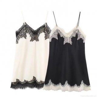 Women Sexy V Neck Lace Trim Satin Camisole Top Spaghetti Strap Color Block Eyelash Lace Patchwork Sleeveless Sling Vest Top For Party Club