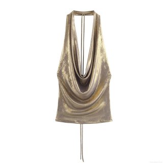 Women Sexy Metallic Halter Neck Backless Top Champagne Gold Draped Sleeveless Camisole For Party Club Night Out
