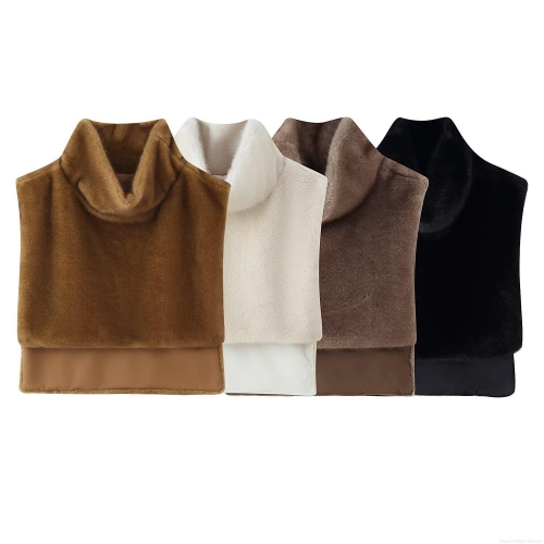 Women's Elegant Faux Fur Sleeveless Vest High Neck Thermal Bib Collar Solid Color Polyester Winter Warm Cape For Women Casual Soft Commuting Accessory