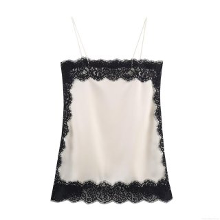 Women's Satin Lace Patchwork Cami Top Spaghetti Strap Sexy Sleeveless V Neck Slim Fit Tank Top For Party Clubwear Summer Elegant Ivory White Clothing