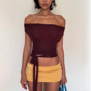 Women's Sexy Halter Neck Backless Wrap Crop Top Mesh Ruched Tie Up Sleeveless T-Shirt For Party Clubwear Summer Fashion Bodycon Top