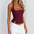 Women Halter Neck Tank Top Polyester Spandex Slim Fit Back Zipper Side Slit Sexy Sleeveless Backless Solid Color Summer Streetwear Party Clubwear For Women