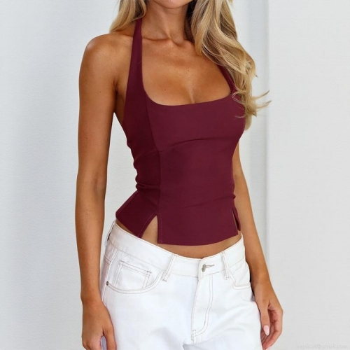 Women Halter Neck Tank Top Polyester Spandex Slim Fit Back Zipper Side Slit Sexy Sleeveless Backless Solid Color Summer Streetwear Party Clubwear For Women
