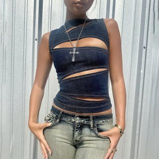 Women's Sexy Hollow Out Denim-like Tank Top Sleeveless Back Zipper Cut Out Cropped Vest Spicy Girl Street Y2K Style Polyester Spandex Top