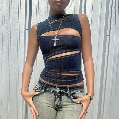 Women's Sexy Hollow Out Denim-like Tank Top Sleeveless Back Zipper Cut Out Cropped Vest Spicy Girl Street Y2K Style Polyester Spandex Top