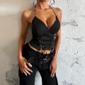 Women Sexy Halter V-Neck Lace Up Crop Top Solid Black Slim Fit Polyester Spandex Sleeveless Vest For Party Clubwear Gothic Style