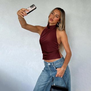 Women's Sexy Satin Halter Backless Tank Top Sleeveless Side Lace-Up Slim Fit Cropped Camisole Street Style Party Clubwear Top