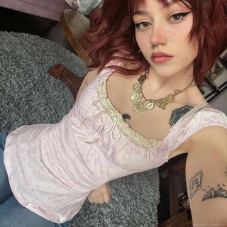 Women's French Style Floral Print Camisole Top With Bow Lace Trim Ruffle Straps Slim Fit Ruched Summer Sleeveless Tank Top