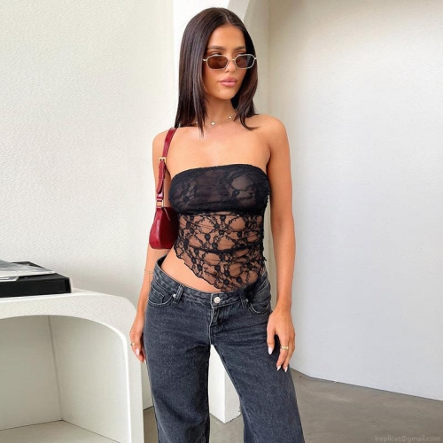 Women Sexy Lace Tube Top Sleeveless Floral Sheer Mesh Cropped Tank Top Backless Asymmetric Hem Corset Top For Party Summer Clubwear Streetwear