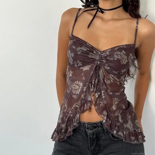 Women Sexy Paisley Plaid Print Cami Top Polyester Mesh Ruched Ruffle Hem Crop Tank Top Summer Streetwear Vacation Outfits