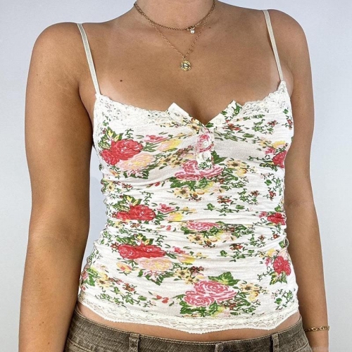 Women's Sexy Floral Print Polyester Spandex Camisole With Lace Trim Slim Fit V-Neck Button Front Sleeveless Crop Top Summer Vest