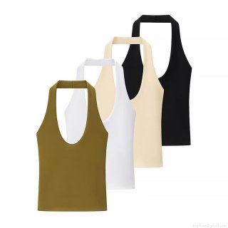 Women Sexy Halter Neck Ribbed Knit Tank Top Slim Fit Polyester Blend Sleeveless Summer Camisole For Casual Party Date Night Out Backless Crop Tops