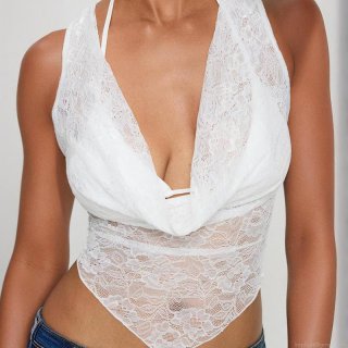 Women Sexy Floral Lace Halter Crop Top Polyester Spandex Sleeveless V-Neck Solid Color Backless Vest For Summer Party Clubwear Fashion Lady Slim Fit