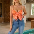 Women's Sexy Orange Floral Print Mesh Camisole With Lace Trim And Tie Front Ruffle Crop Top Summer Vacation Sleeveless Tank Top For Women