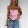 Women Fashion Tie-Dye Print Tube Top Sexy Ruched Strapless Crop Top Polyester Spandex Slim Fit Sleeveless Vest For Party Streetwear Summer Women Clothing Trendy Marble Print Bodycon Bandeau Top