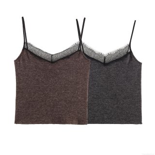 Women's Sexy V-Neck Lace Trim Knit Camisole Tank Top Eyelash Lace Slim Fit Sleeveless Crop Top Solid Color Acrylic Streetwear Ribbed Cami