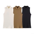 Women's Chic Mock Neck Sleeveless Tank Top Slim Fit Solid Color Ribbed Knit Base Layer Undershirt Vest For Summer Daily Wear