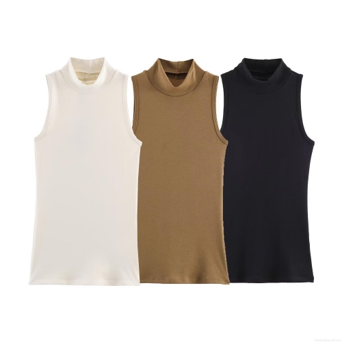 Women's Chic Mock Neck Sleeveless Tank Top Slim Fit Solid Color Ribbed Knit Base Layer Undershirt Vest For Summer Daily Wear