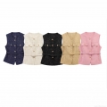 Women's Elegant Tweed Sleeveless Vest Round Neck Button Down Tank Top With Matching Belt Shiny Sequin Waistcoat For Office Party Lady Outerwear