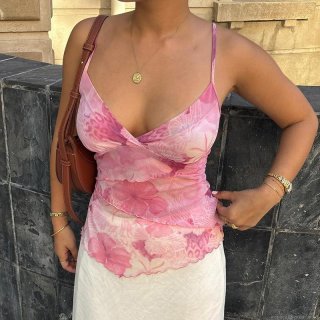 Women's Sexy Floral Print Mesh Camisole V-Neck Ruffle Trim Sleeveless Tank Top Summer Aesthetic Slim Fit Polyester Chiffon Crop Top For Women