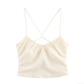 Women Sexy Off-White Ruched Pleated Camisole Cross-Strap Polyester Crepe Cropped Tank Top Slim Fit Back Zipper Summer Vest Top
