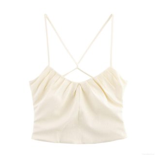 Women Sexy Off-White Ruched Pleated Camisole Cross-Strap Polyester Crepe Cropped Tank Top Slim Fit Back Zipper Summer Vest Top