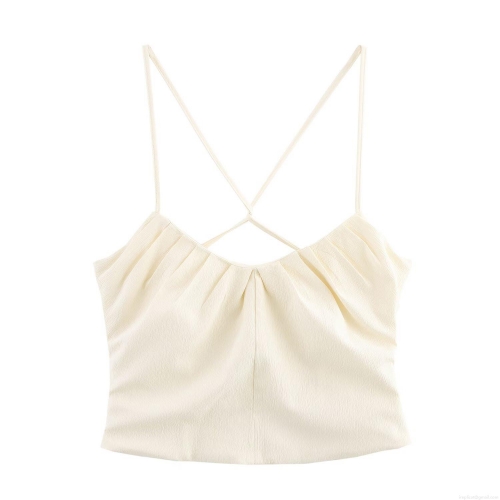 Women Sexy Off-White Ruched Pleated Camisole Cross-Strap Polyester Crepe Cropped Tank Top Slim Fit Back Zipper Summer Vest Top