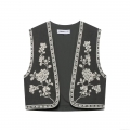 Women Retro Floral Embroidered Short Vest V Neck Sleeveless Boho Ethnic Waistcoat Open Front Lightweight Polyester Casual Outerwear Fashion Top For Women