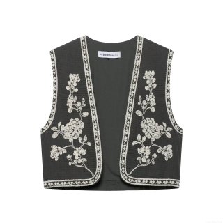 Women Retro Floral Embroidered Short Vest V Neck Sleeveless Boho Ethnic Waistcoat Open Front Lightweight Polyester Casual Outerwear Fashion Top For Women