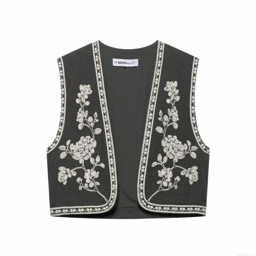 Women Retro Floral Embroidered Short Vest V Neck Sleeveless Boho Ethnic Waistcoat Open Front Lightweight Polyester Casual Outerwear Fashion Top For Women