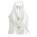 Sexy Halter Neck Rhinestone Bow Tank Top Women Slim Fit Hollow Out Sleeveless Camisole For Party Night Club Luxury Solid Color Polyester Top