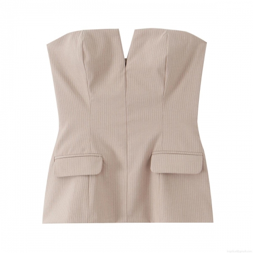 Women's Sexy Khaki White Striped Bandeau Top Strapless V-Neck Off Shoulder Peplum Vest Slim Fit Polyester Clubwear Crop Top for Ladies