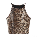 Women's Sexy Leopard Print Sequin Halter Tank Top Sleeveless Cropped Backless Party Vest Top Fashion Sparkly Clubwear Polyester Sequin Top