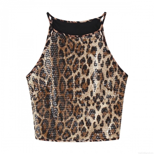 Women's Sexy Leopard Print Sequin Halter Tank Top Sleeveless Cropped Backless Party Vest Top Fashion Sparkly Clubwear Polyester Sequin Top