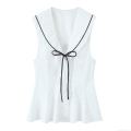 Women's Sailor Collar Sleeveless Tank Top Contrast Trim Slim Fit Polyester Vest With Bow Tie Preppy Style Casual Summer Blouse For Women