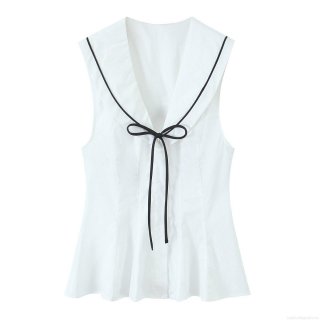 Women's Sailor Collar Sleeveless Tank Top Contrast Trim Slim Fit Polyester Vest With Bow Tie Preppy Style Casual Summer Blouse For Women