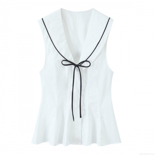 Women's Sailor Collar Sleeveless Tank Top Contrast Trim Slim Fit Polyester Vest With Bow Tie Preppy Style Casual Summer Blouse For Women